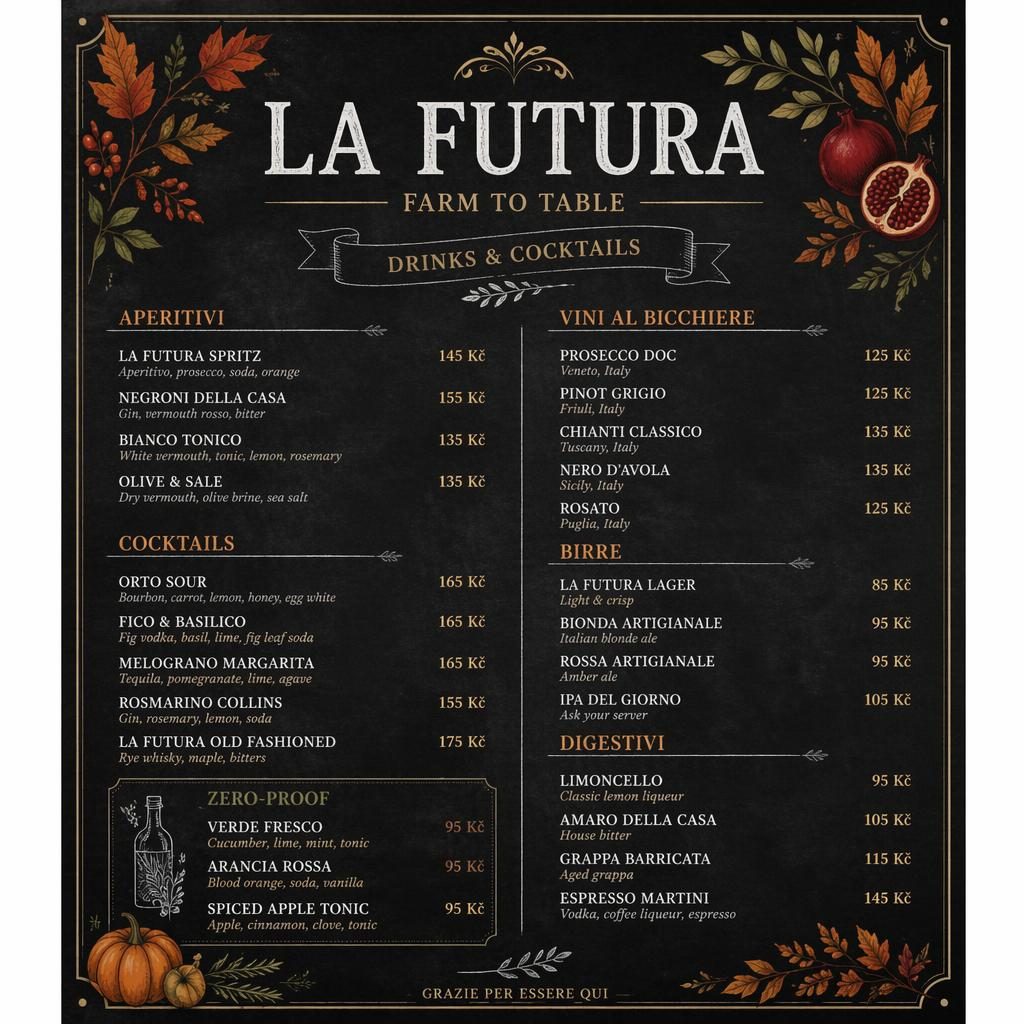A4 koktejlový lístek la futura menu ve stylu tabule, podzimní paleta, dekorativní hlavička, sekce a sloupec cen.