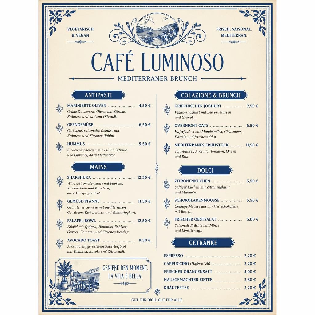A4-Menükarte im Vintage-1920er-Stil in Blau und Creme mit dekorativem Kopf, Brunch-Gerichten, Preis-Spalte und Platzhaltertext