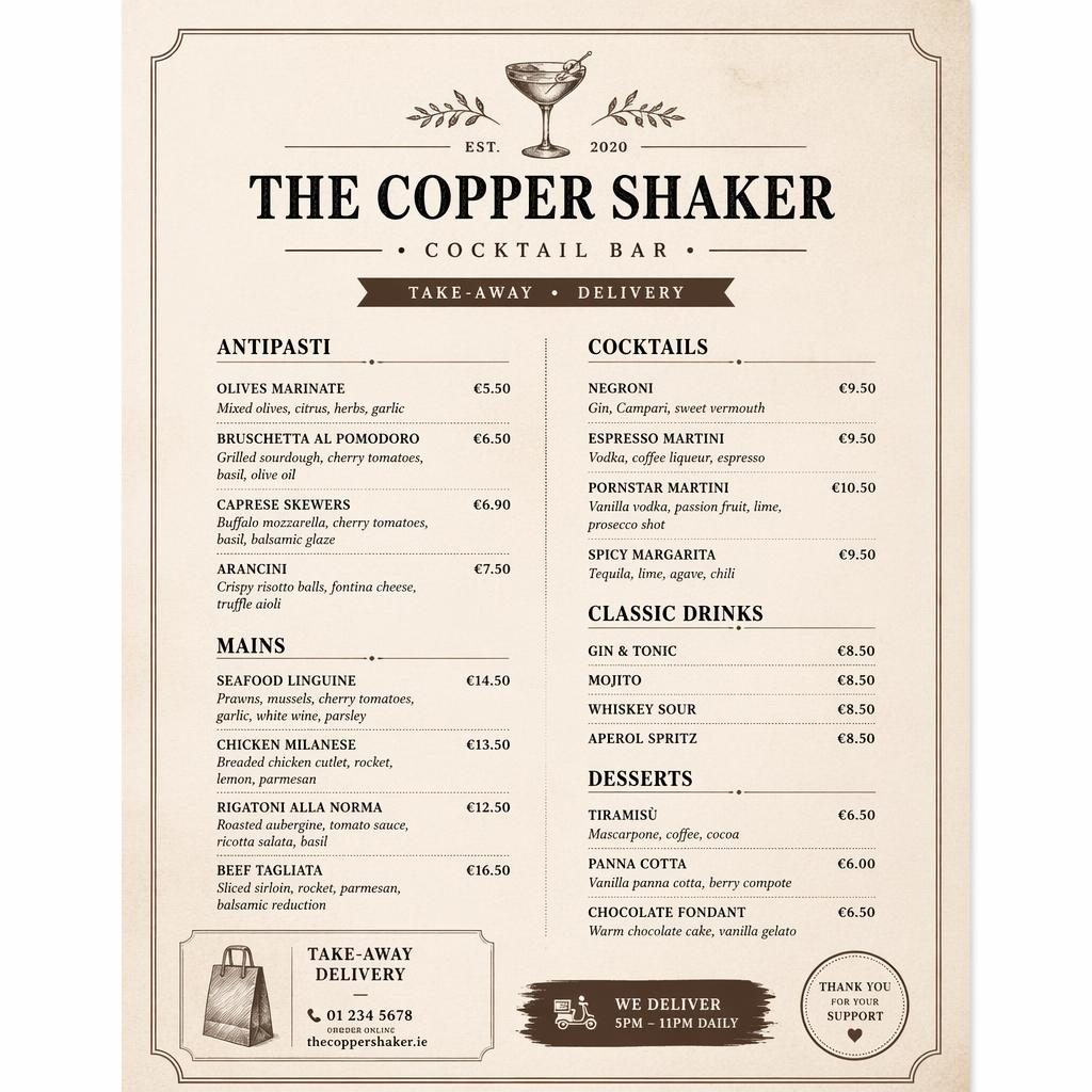 A4 portrait rustic cocktail bar menu card with monochrome layout, decorative header, section headings, placeholder dishes, and price column.