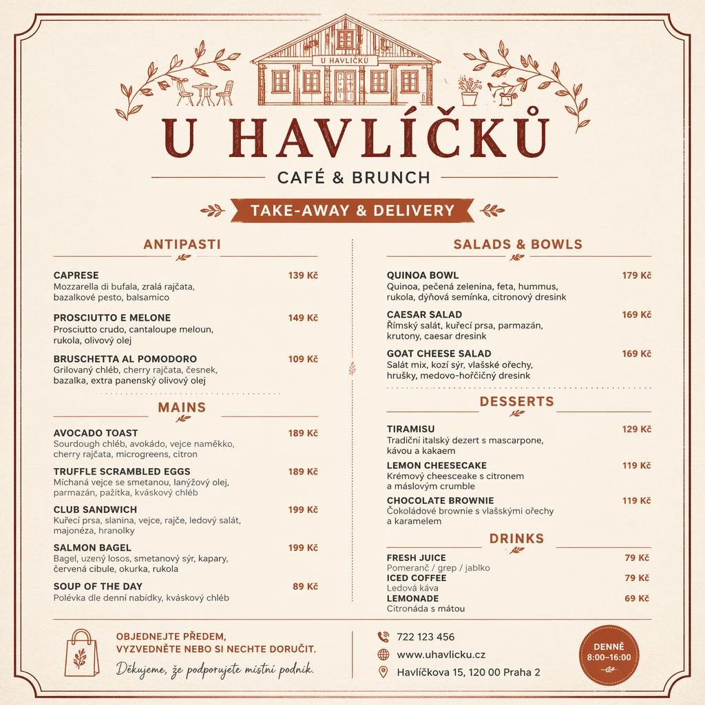 Rustikální menu karta A4 na výšku pro kavárnu a brunch, v teplé krémové a rezavé paletě s cenovým sloupcem.