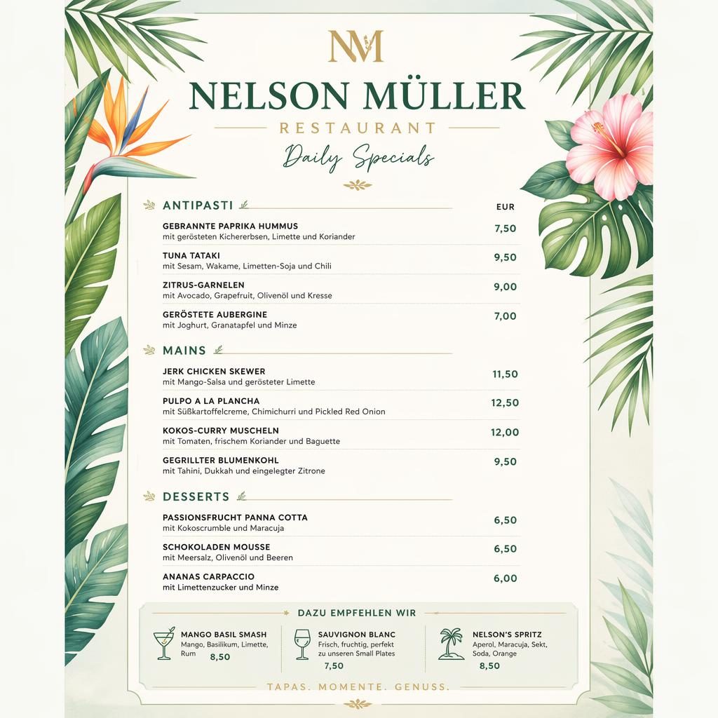 A4-Menükarte für nelson müller restaurant im Tropenresort-Stil mit Frühlingsfarben, Rubriken, Platzhaltertext und Preisspalte.