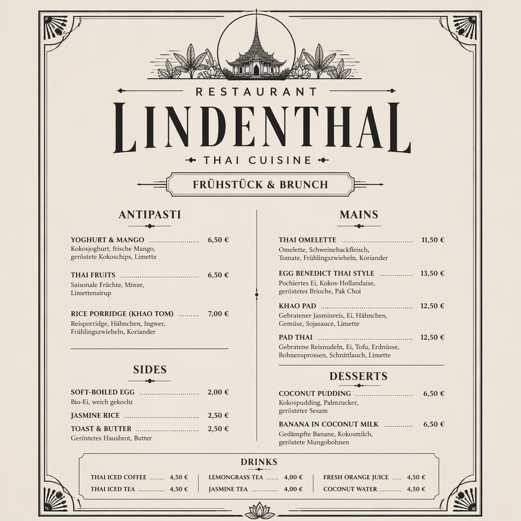 A4-Menükarte für Restaurant Lindenthal, Thai-Brunch im Stil der 1920er, monochrom, mit Zierkopf, Platzhaltertext und Preisspalte.