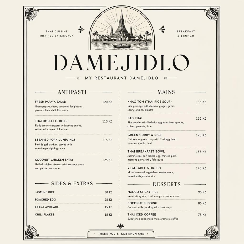 A4 portrétní menu karta pro thajskou restauraci v monochromním vintage stylu 20. let s hlavičkou, sekcemi a cenami.