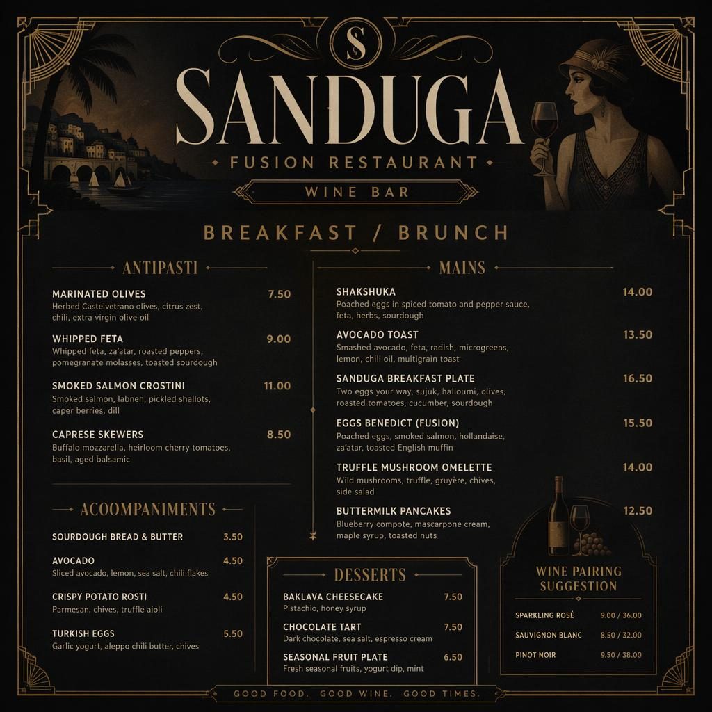 A4 menu karta na výšku pro sanduga fusion restaurant ve stylu 20. let, tmavá paleta, dekorativní záhlaví a sloupce cen.
