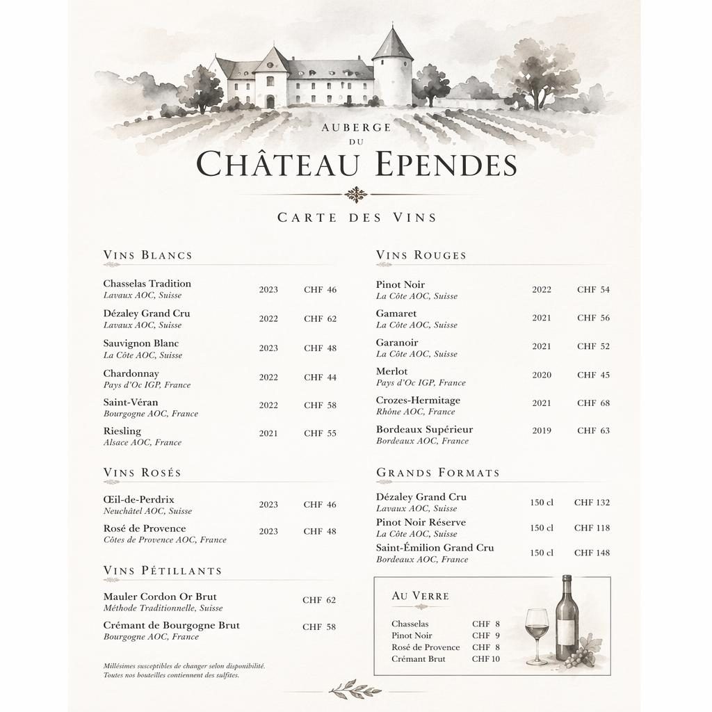Carte des vins A4 en portrait, style aquarelle monochrome, en-tête décoratif, typographie de menu et colonne de prix.