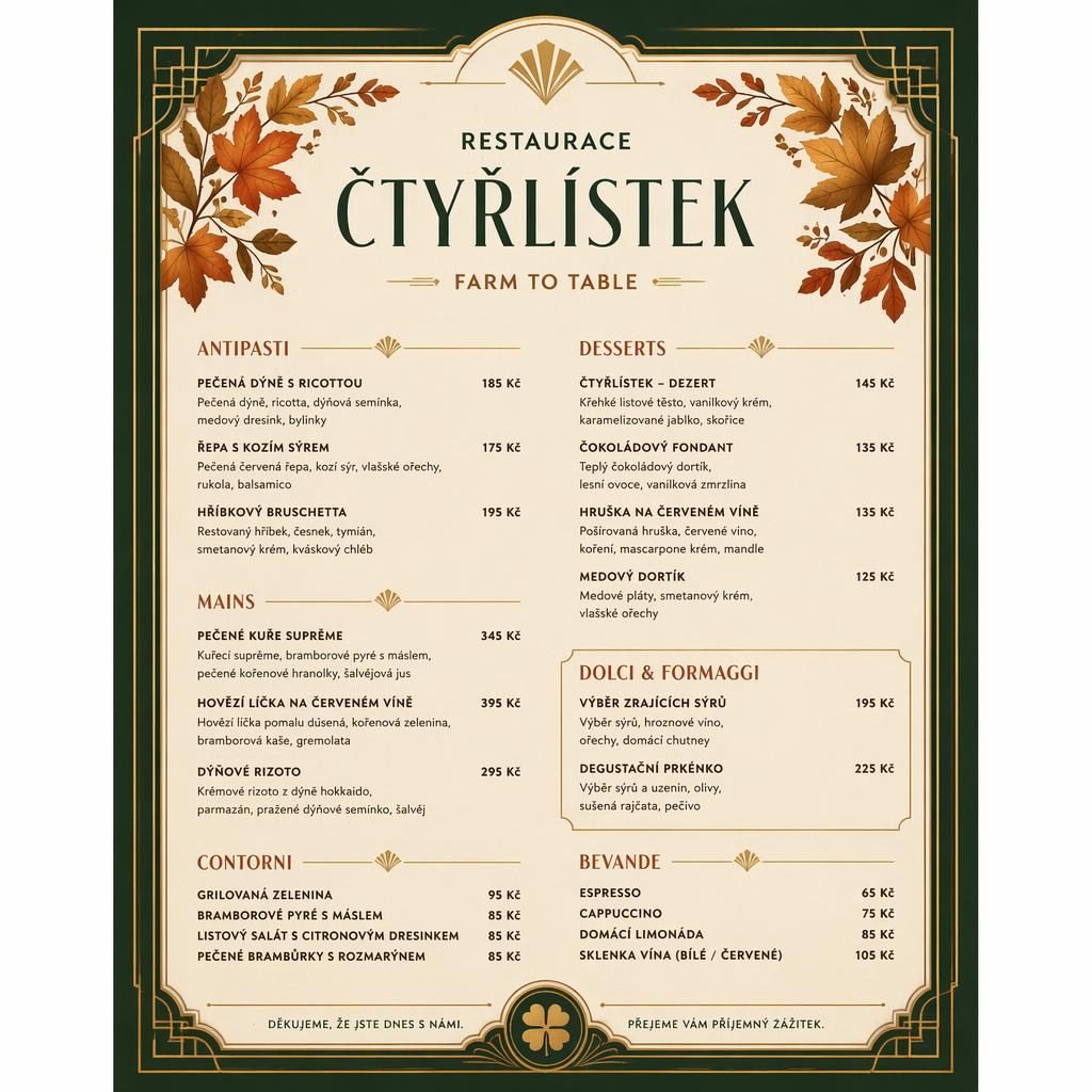A4 dezertní menu ctyrlistek menu ve stylu art deco s podzimní paletou, ozdobným záhlavím a sloupcem cen