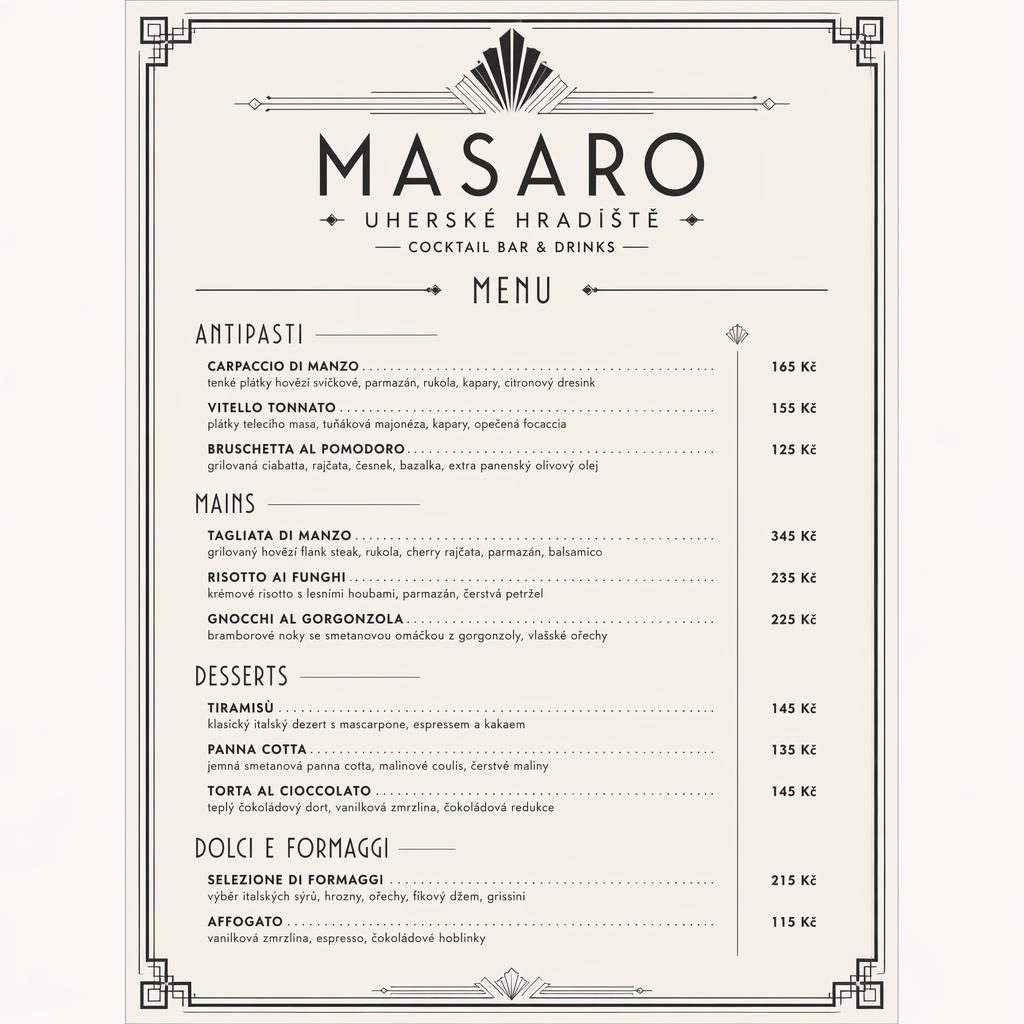 A4 dezertní menu pro Masaro v art deco stylu, černobílá paleta, dekorativní záhlaví, ceny a zástupná typografie.