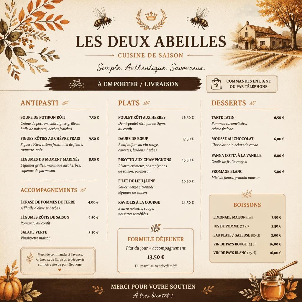 Carte de menu A4 en portrait, style rustique chaleureux, avec en-tête décoratif, sections, plats fictifs et colonne de prix.
