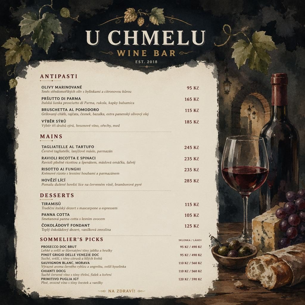 A4 menu karta vinného baru s dekorativní hlavičkou, sekcemi, zástupným textem jídel, cenami a tmavou akvarelovou paletou