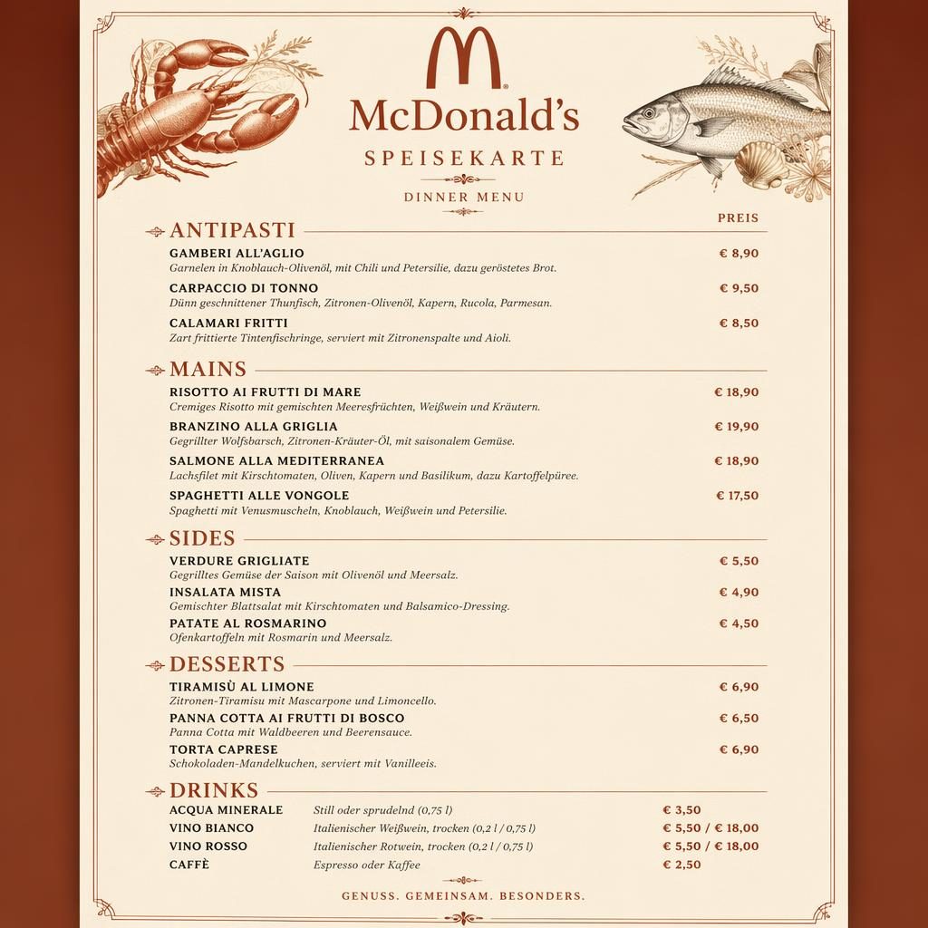 A4-Menükarte im Fine-Dining-Stil für Seafood-Dinner, creme-rostfarben, mit Überschriften, Gerichtsnamen und Preisspalte.