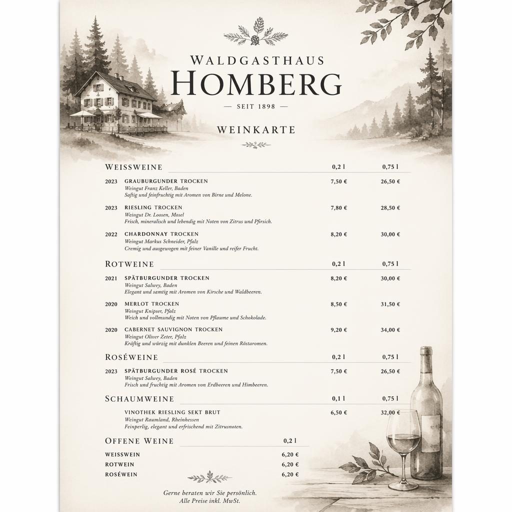 A4-Weinkarte für Waldgasthaus Homberg im monochromen Aquarellstil mit dekorativem Kopf, Platzhaltertext und Preisspalte.
