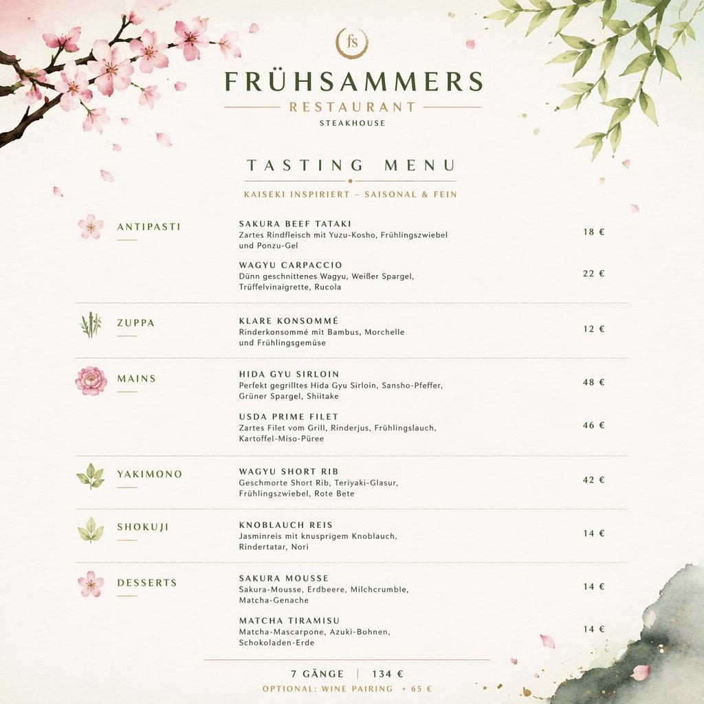 A4-Menükarte für frühsammers restaurant im japanischen Kaiseki-Stil mit Frühlingsfarben, Platzhaltertext und Preisspalte