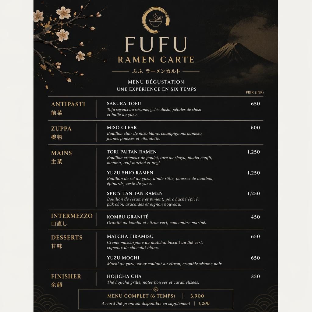 Carte de menu A4 en portrait, palette sombre, style kaiseki japonais avec en-tête décoratif, rubriques et colonne de prix.