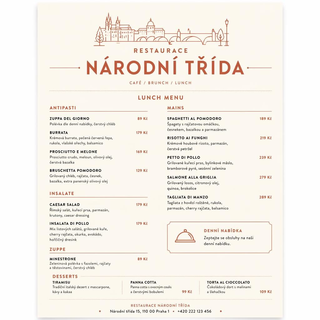 Minimalistická menu karta A4 pro restaurace národní třída v krémové a rezavé paletě s cenovým sloupcem.