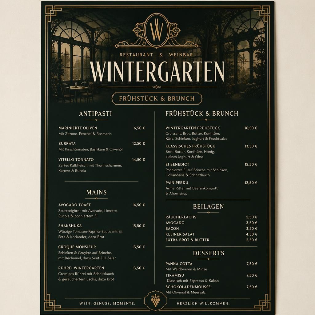 A4-Speisekarte im Hochformat für restaurant wintergarten, Vintage-1920er-Look, dunkle Farbpalette, dekorativer Kopf