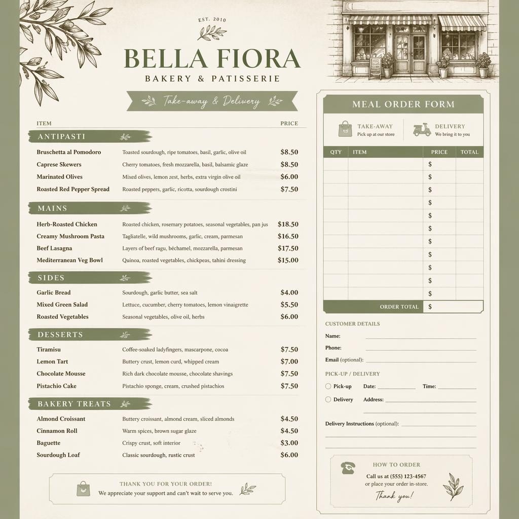 A4 portrait bakery menu card template in sage and ivory with rustic header, section headings, placeholder dishes, and price column.