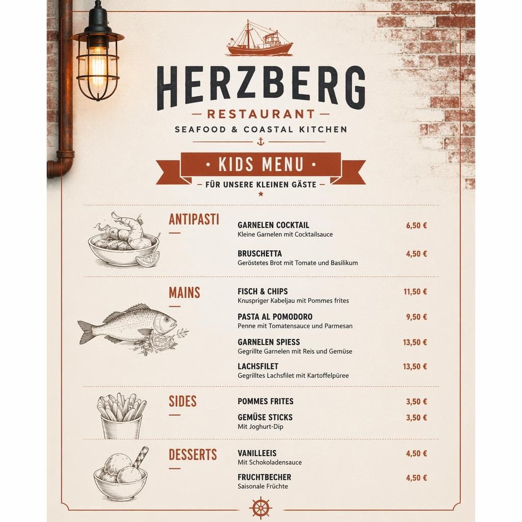 A4-Menükarte für Herzberg Restaurant, Kindermenü mit Seafood-Gerichten, creme-rostfarben im Industrial-Loft-Design