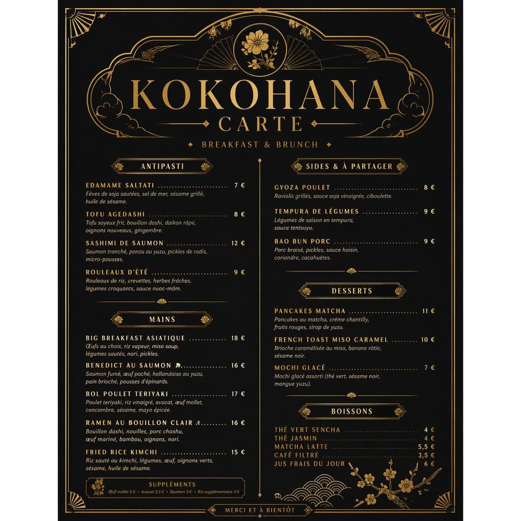 Carte de brunch asiatique fusion Kokohana en format A4 portrait, style années 1920 noir et or, avec rubriques et colonne de prix.