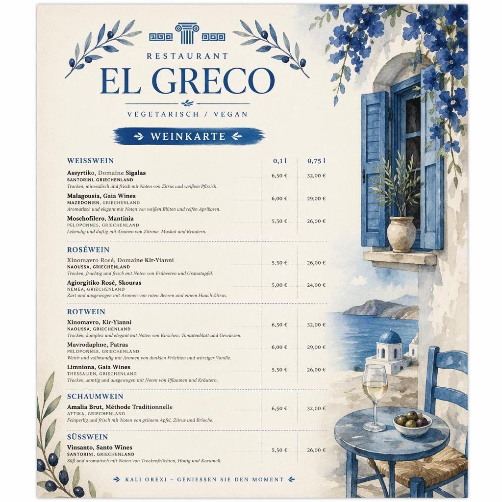 A4-Weinkarte für restaurant el greco in mediterranem Blau und Creme, Aquarellstil, mit dekorativer Kopfzeile und Preisspalte.