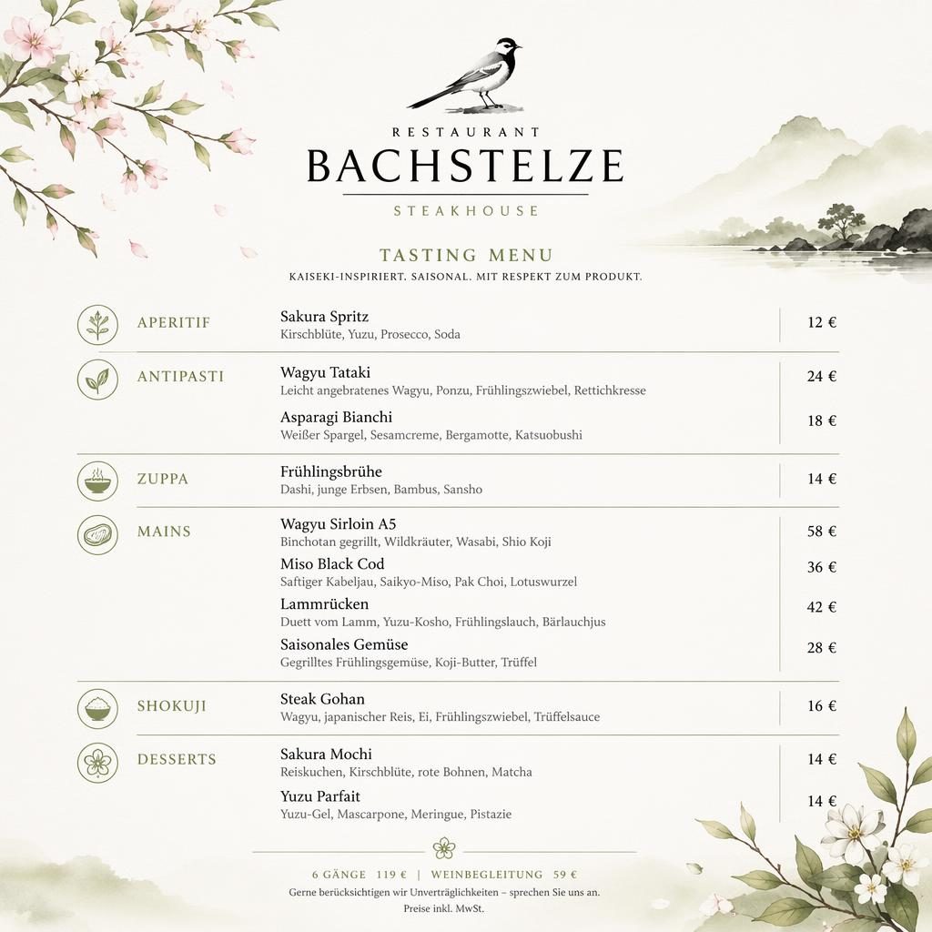 A4-Menükarte für Restaurant bachstelze im japanischen Kaiseki-Stil mit Frühlingsfarben, Rubriken, Gerichten und Preisspalte.