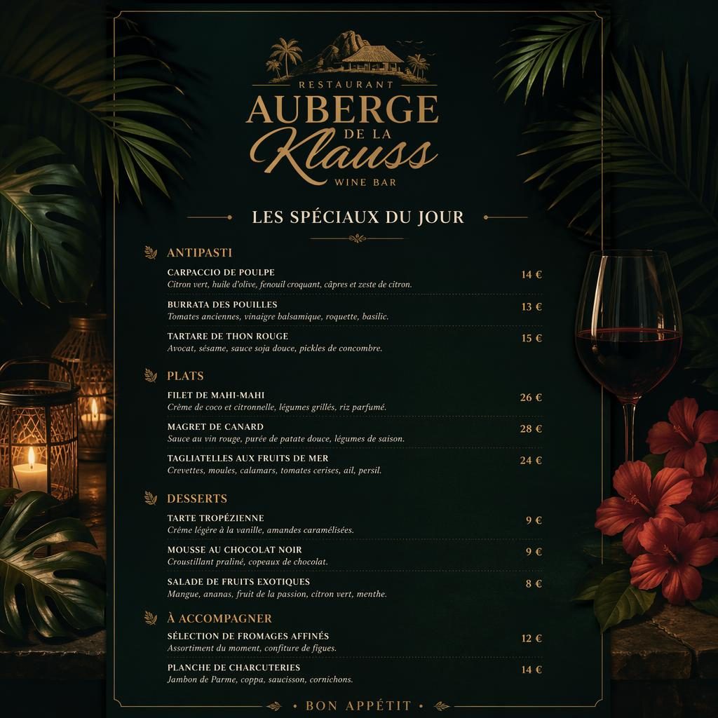 Carte du jour A4 en portrait pour restaurant auberge de la klauss, style tropical sombre, en-tête décoratif, sections et prix.