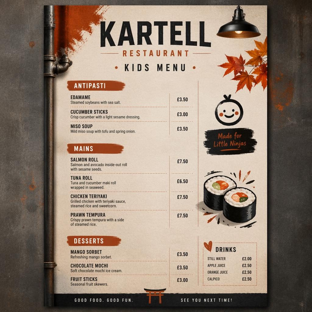 A4 portrait kids sushi menu card for Kartell Restaurant with industrial loft styling, autumn palette, placeholder text and prices.