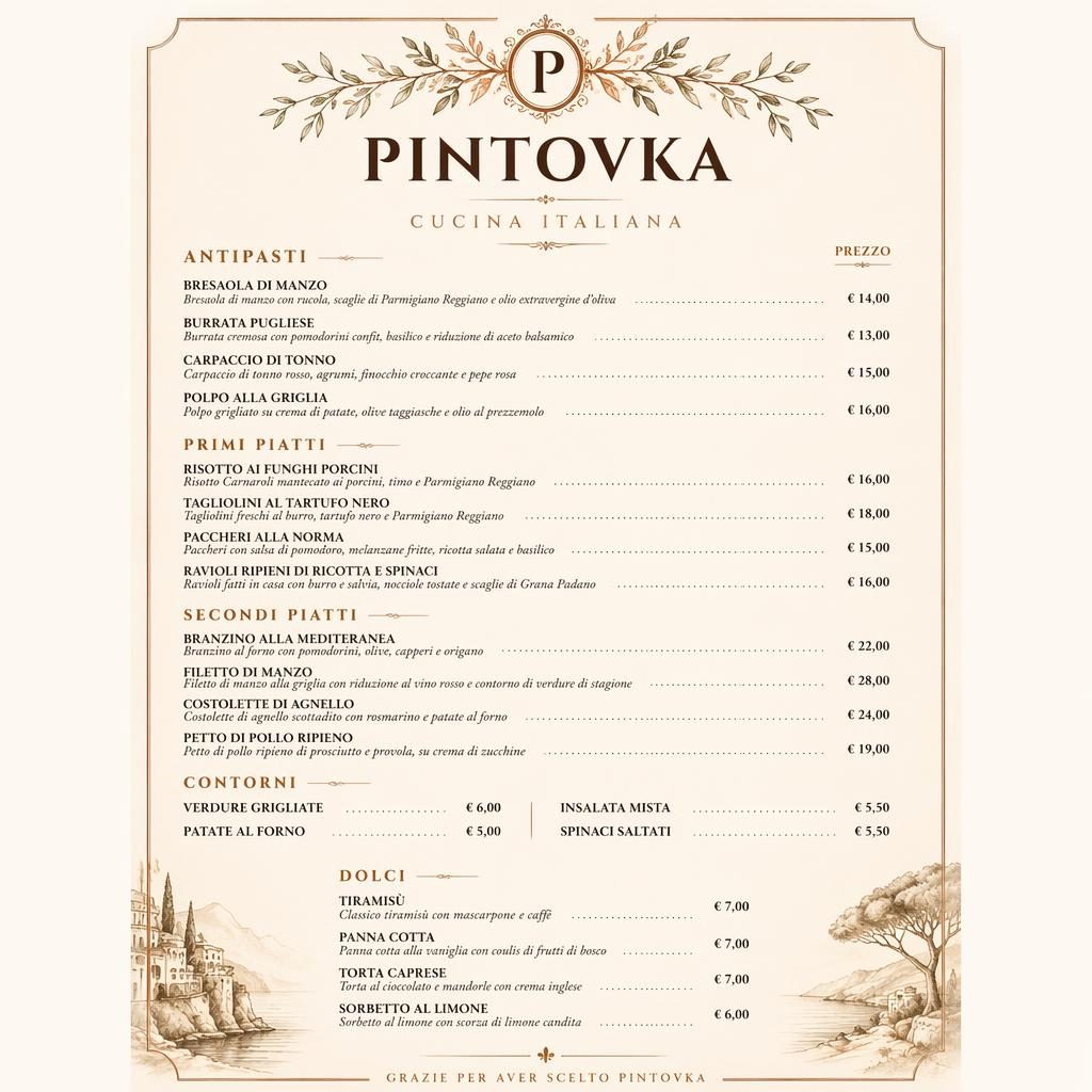 A4 portrétní italské večeřové pintovka menu v luxusním fine dining stylu, teplé zemité tóny, sekce a ceny