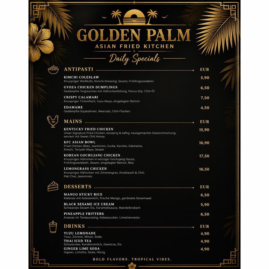 A4-Menükarte im Hochformat mit tropischem Resort-Stil in Schwarz und Gold, dekorativem Header, Rubriken und Preisen.