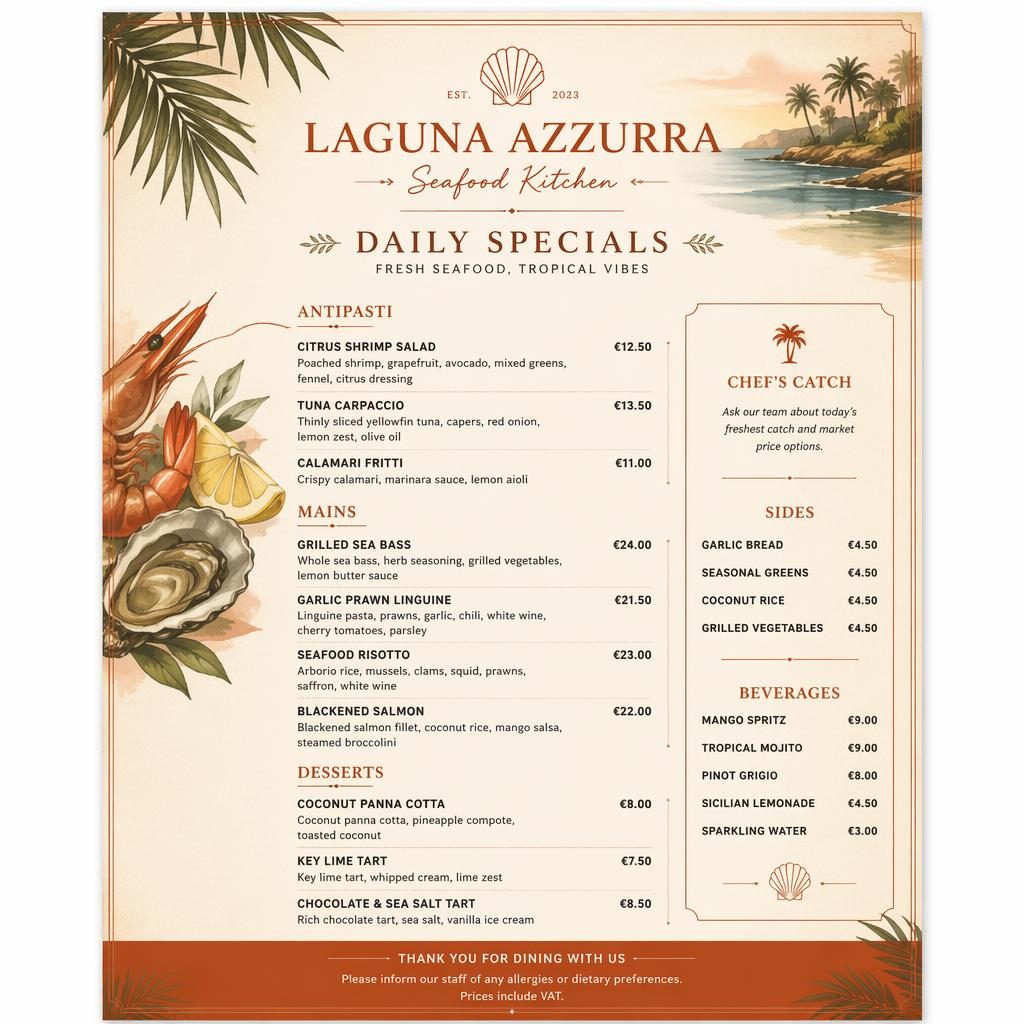 A4 portrait seafood daily specials menu card with tropical resort styling, warm cream and rust palette, placeholder text and prices.
