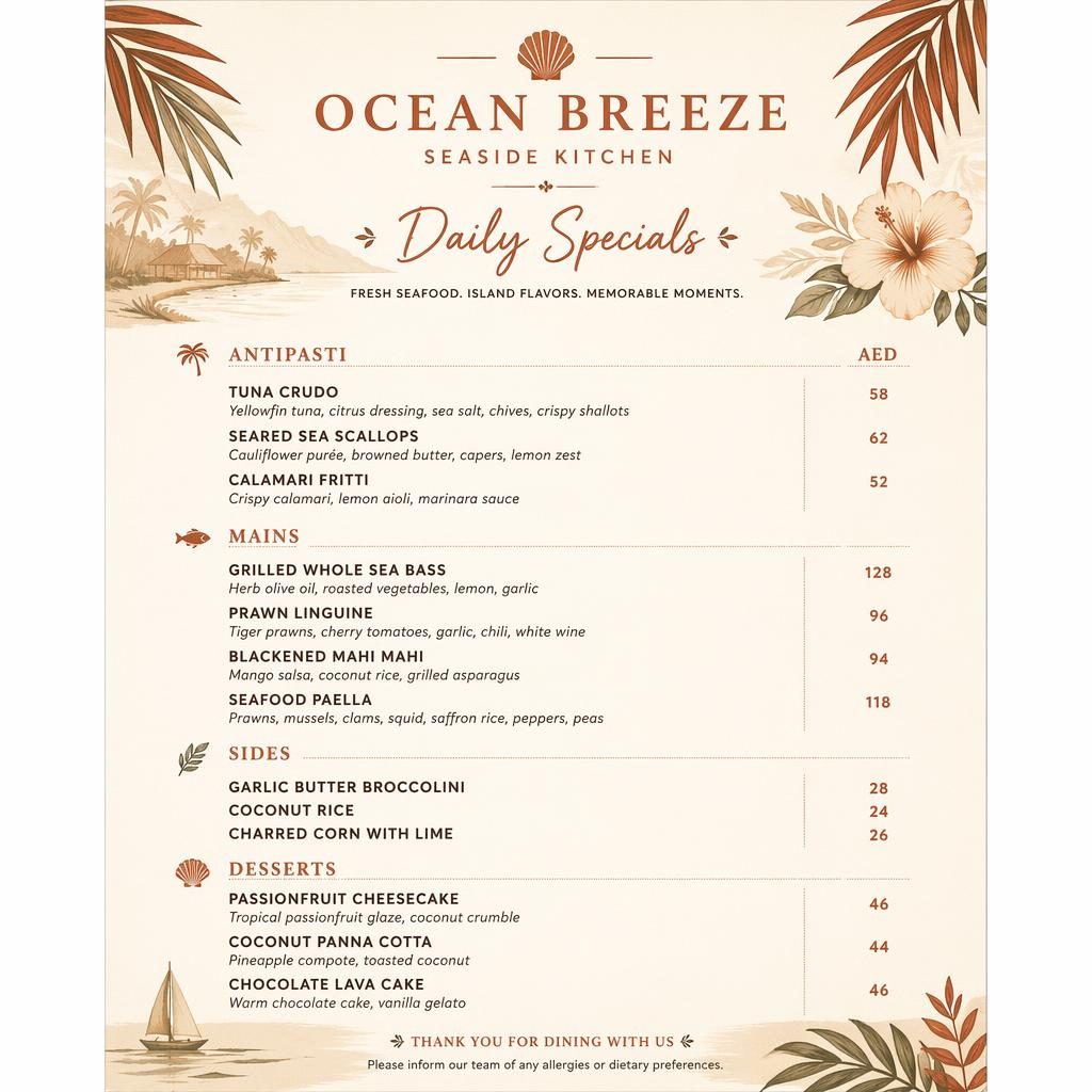 A4 portrait seafood daily specials menu card with tropical resort styling, cream and rust palette, sections and prices.