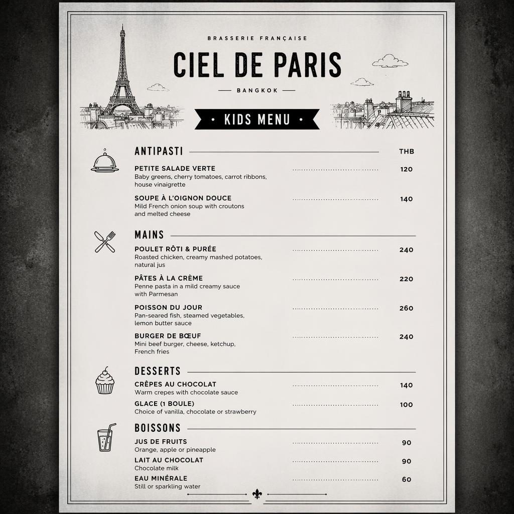 Carte menu enfant A4 en portrait, style loft industriel monochrome, avec en-tête décoratif, rubriques et colonne de prix.