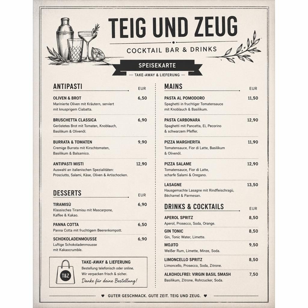 A4-Menükarte im Hochformat für teig und zeug, rustikal warm, monochrom, mit Rubriken, Platzhaltertext und Preisen.