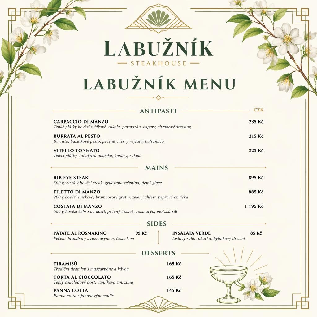 A4 dezertní menu steakhouse ve stylu art deco, jarní paleta, dekorativní záhlaví, ceny a zástupná typografie