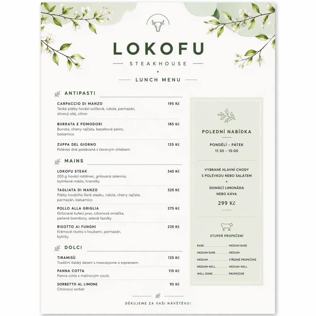 A4 obědové menu Lokofu ve švýcarském minimalistickém stylu se sekcemi jídel, cenovým sloupcem a svěží jarní paletou