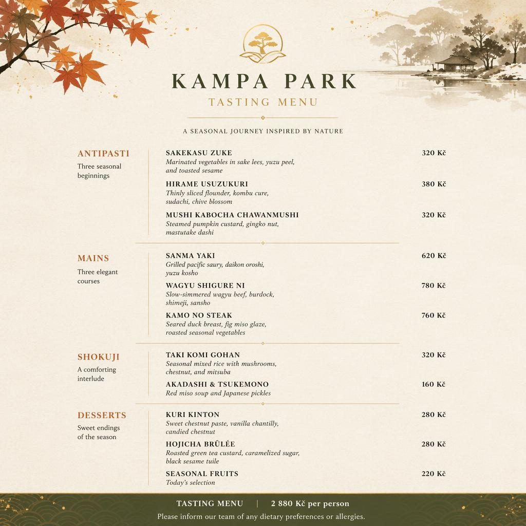 Ilustrace menu karty A4 na výšku pro kampa park menu, s dekorativní hlavičkou, sekcemi, cenami a podzimní paletou.