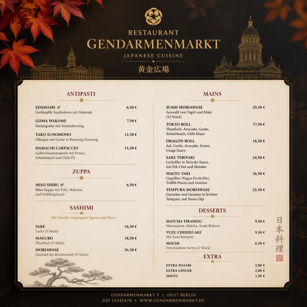A4-Menükarte im Hochformat für ein japanisches Sushi-Restaurant mit edler Herbstpalette, Rubriken, Platzhaltertext und Preisen.