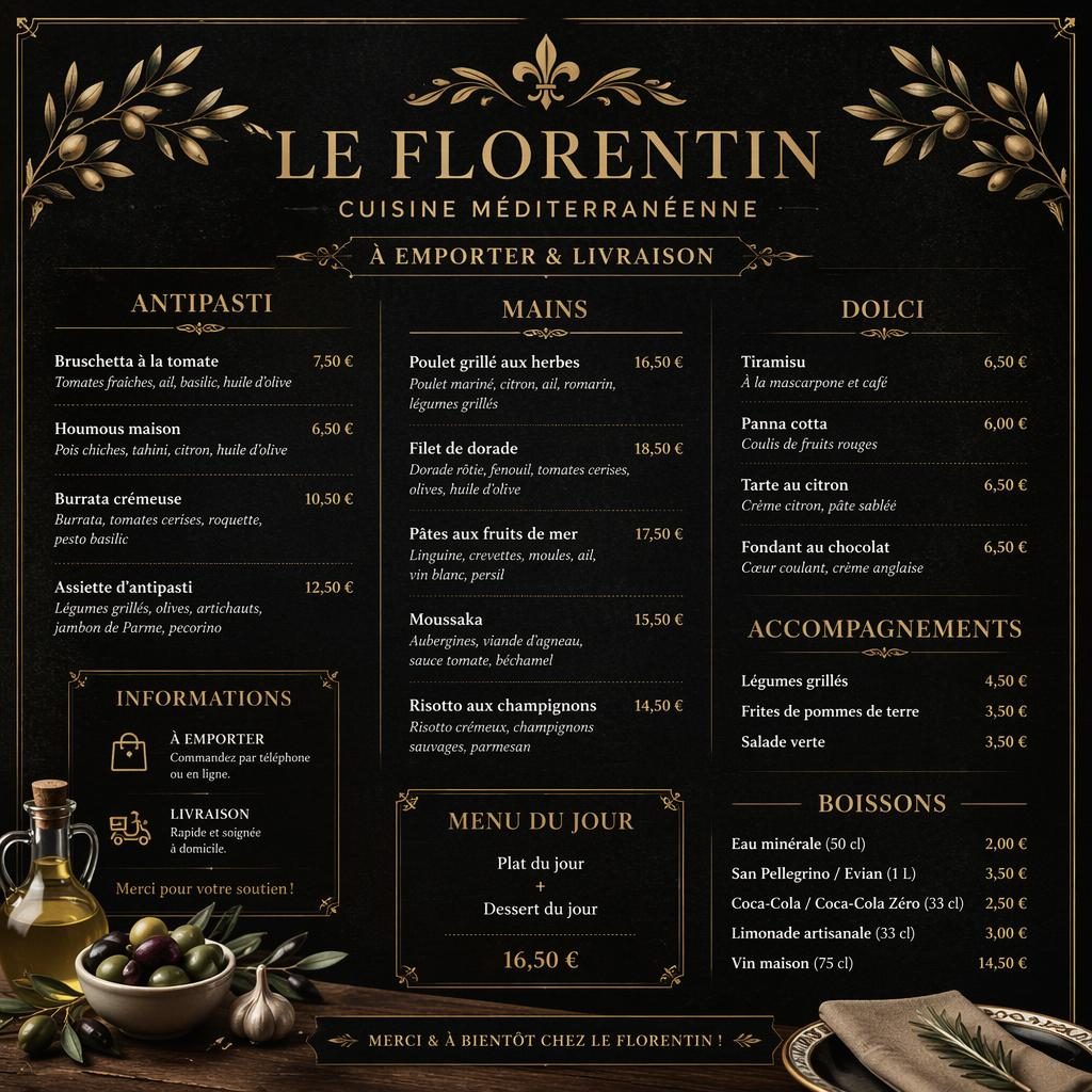 Carte de menu A4 en portrait, style méditerranéen rustique chic noir et or, avec en-tête décoratif, rubriques et colonne de prix.