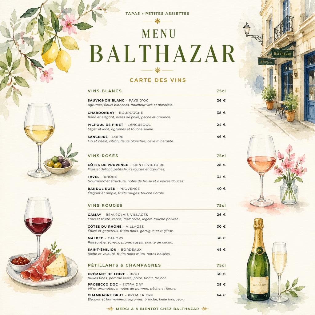 Carte des vins A4 portrait menu balthazar, style aquarelle cosy, palette printanière, en-tête décoratif et colonne de prix.