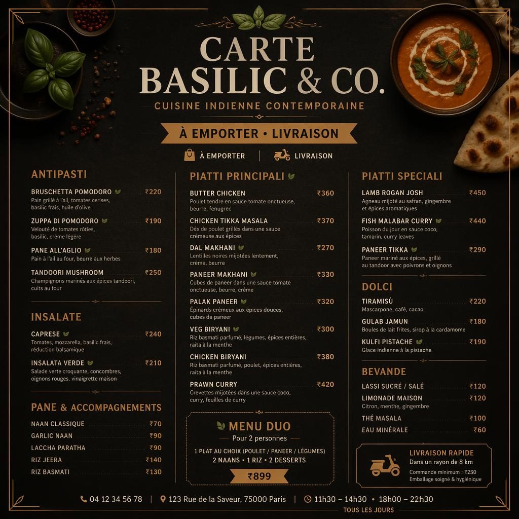 Carte de menu indienne A4 en portrait, palette sombre et chaleureuse, en-tête décoratif, rubriques et colonne de prix.