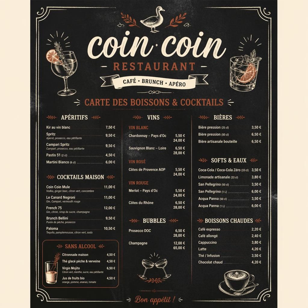 Carte de cocktails A4 portrait pour coin coin restaurant, style ardoise café crème et rouille, avec en-tête décoratif et colonne de prix.