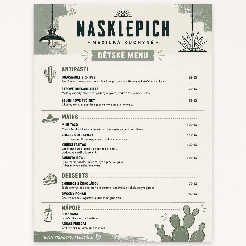 Ilustrace menu karty A4 na výšku pro nasklepich, dětské mexické menu v paletě šalvějová a slonová kost.
