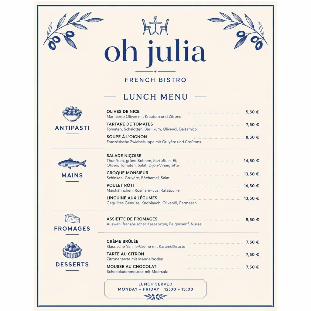 A4-Menükarte im Hochformat für oh julia speisekarte, minimalistisch in Blau und Creme mit Rubriken, Preisen und Deko-Header