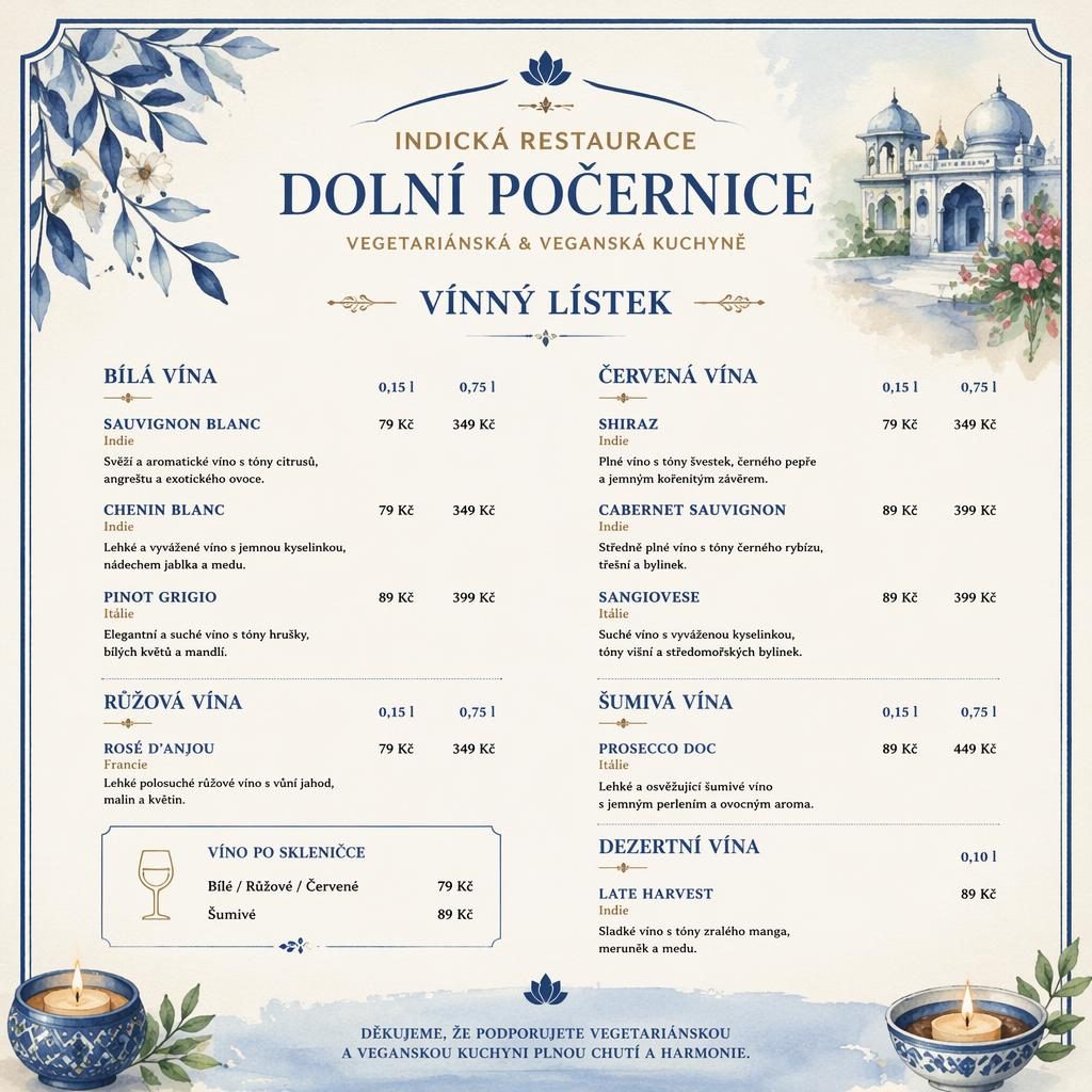 Akvarelový vinný lístek A4 pro indickou restauraci v modro-krémové paletě s dekorativní hlavičkou a cenami.