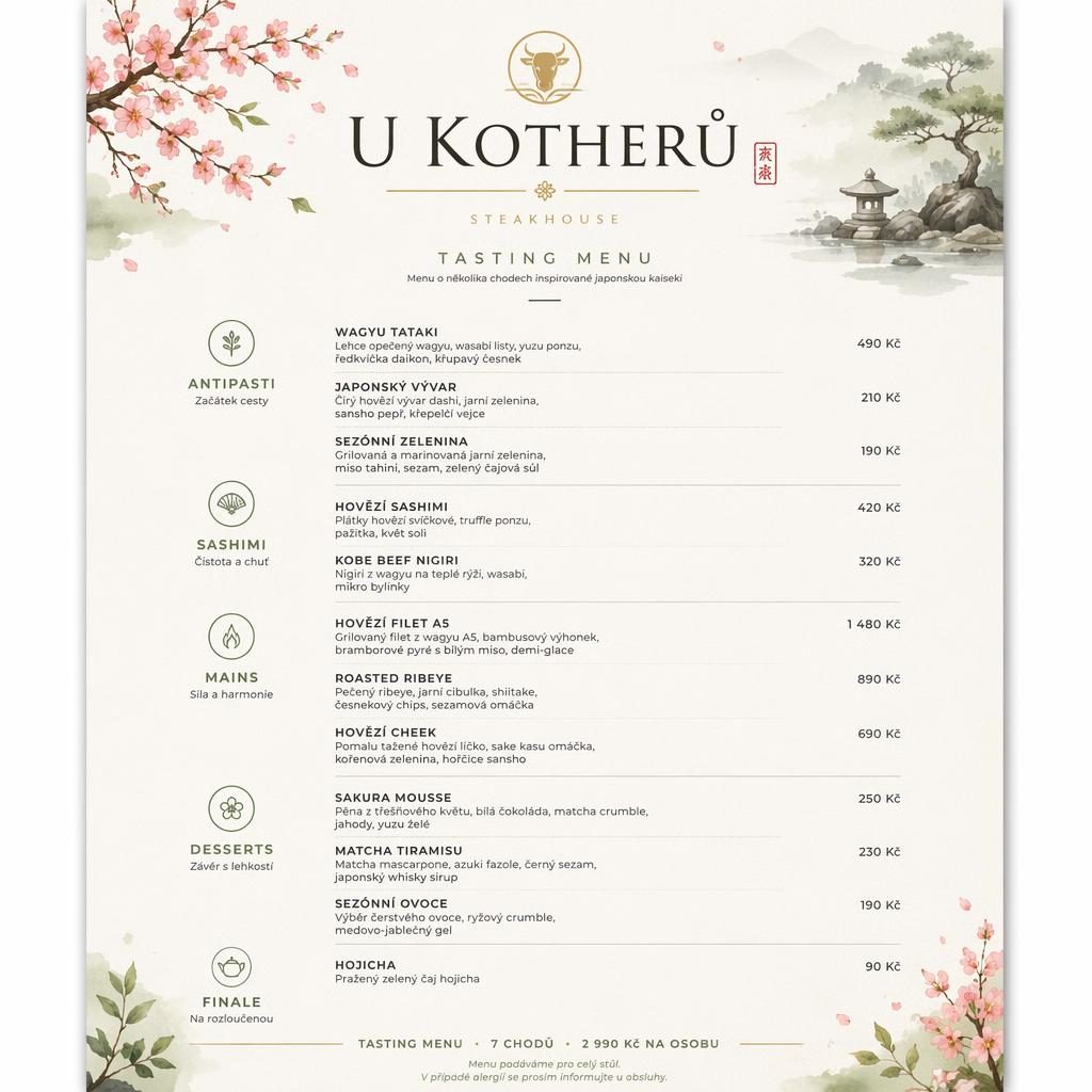 Tisková karta degustačního menu u kotherů ve formátu A4 na výšku, japonský kaiseki styl, jarní paleta a sloupec cen.