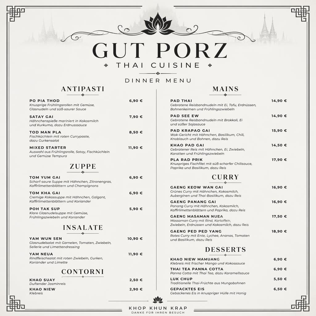 A4-Menükarte im Hochformat für gut porz speisekarte, Thai-Dinner, monochrom, mit dekorativem Header, Rubriken und Preisspalte.
