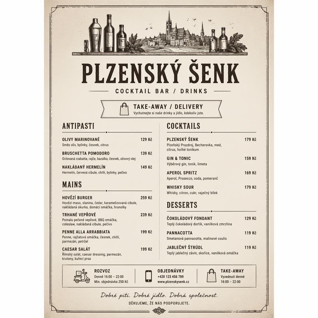 A4 menu karta pro plzensky senk, rustikální monochrom, dekorativní záhlaví, sekce jídel a sloupec s cenami.