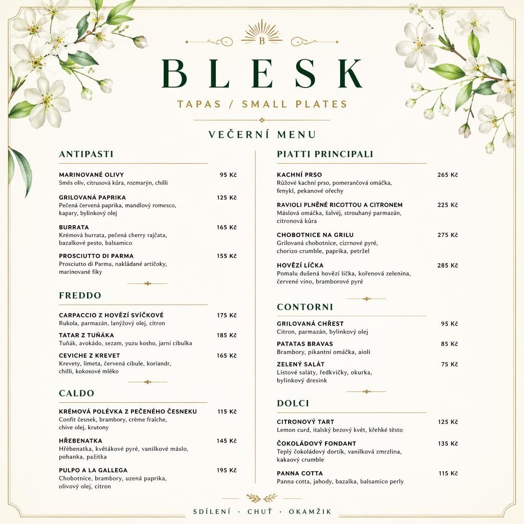 Luxusní menu karta A4 na výšku pro blesk menu, jarní paleta, dekorativní hlavička, sekce jídel a sloupec cen.