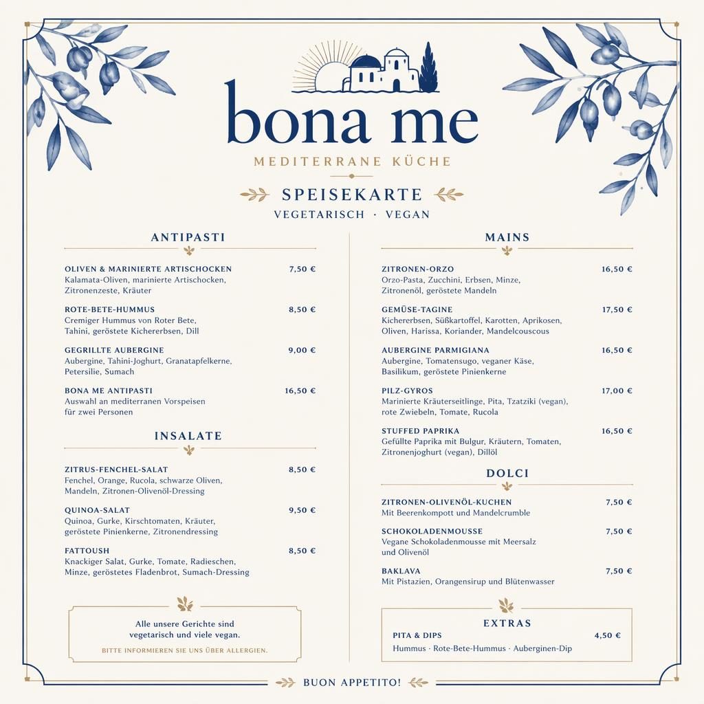 A4-Menükarte im Hochformat für bona me speisekarte in Blau-Creme, mit Rubriken, Platzhaltertexten und Preisen.