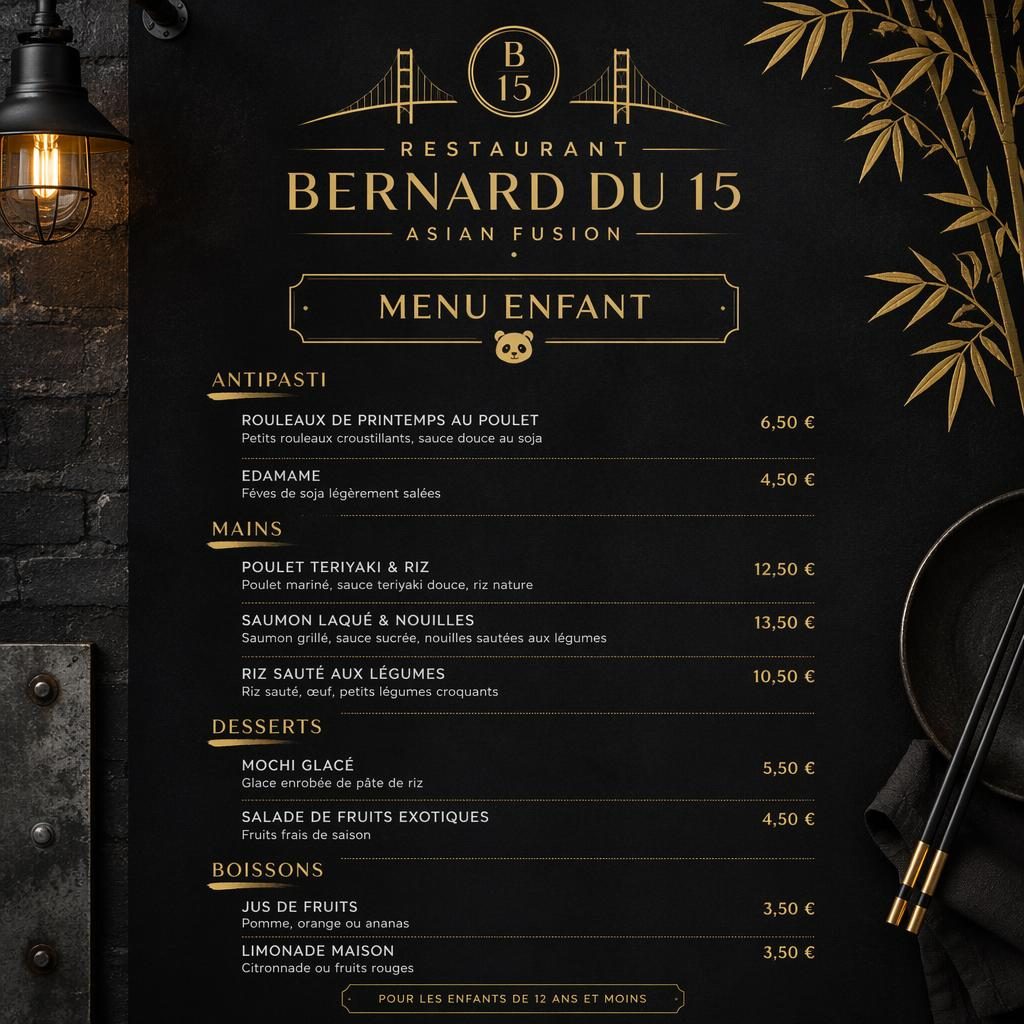 Carte menu enfant A4 portrait pour restaurant bernard du 15, style loft industriel noir et or, avec rubriques, plats et prix.