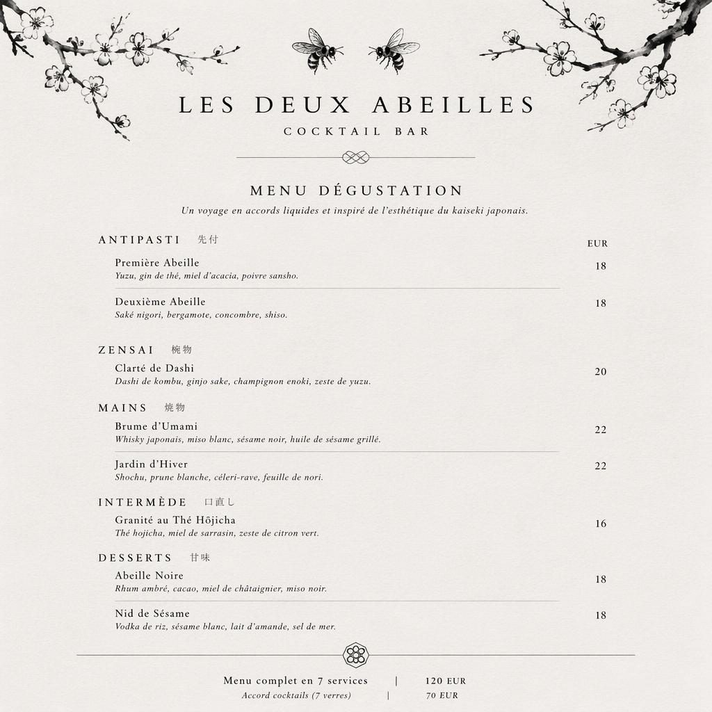 Carte de menu A4 portrait pour les deux abeilles menu, style kaiseki japonais monochrome avec en-tête décoratif et colonne de prix.